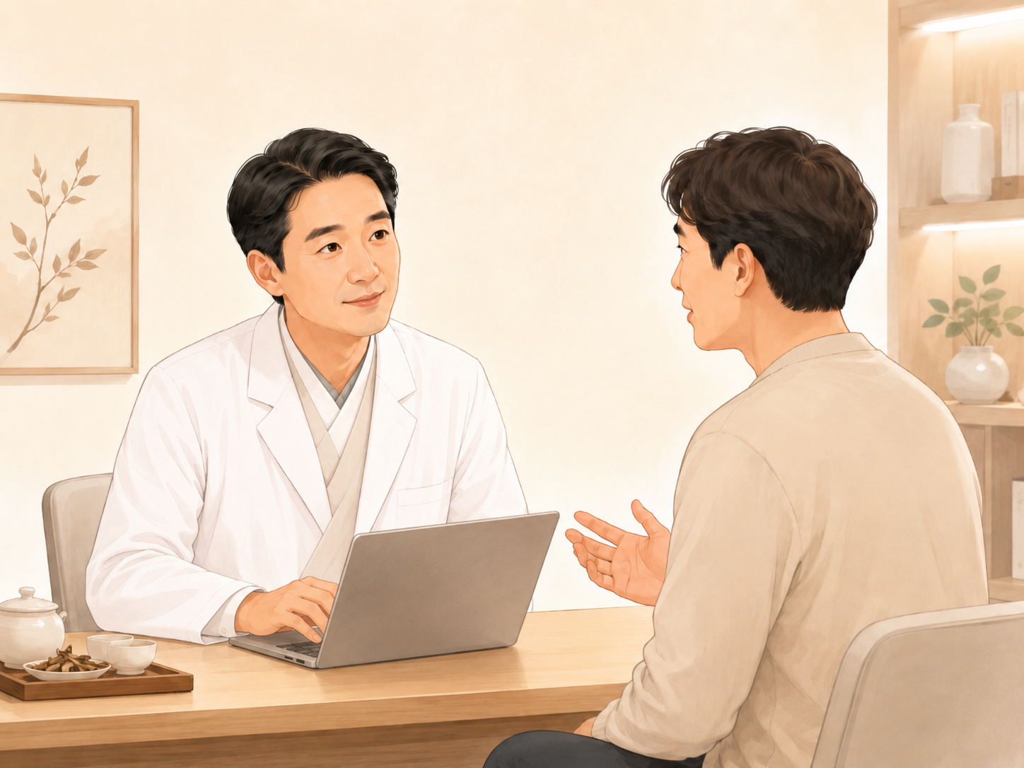 문진 — 부종 증상을 상세히 묻는 진료 장면