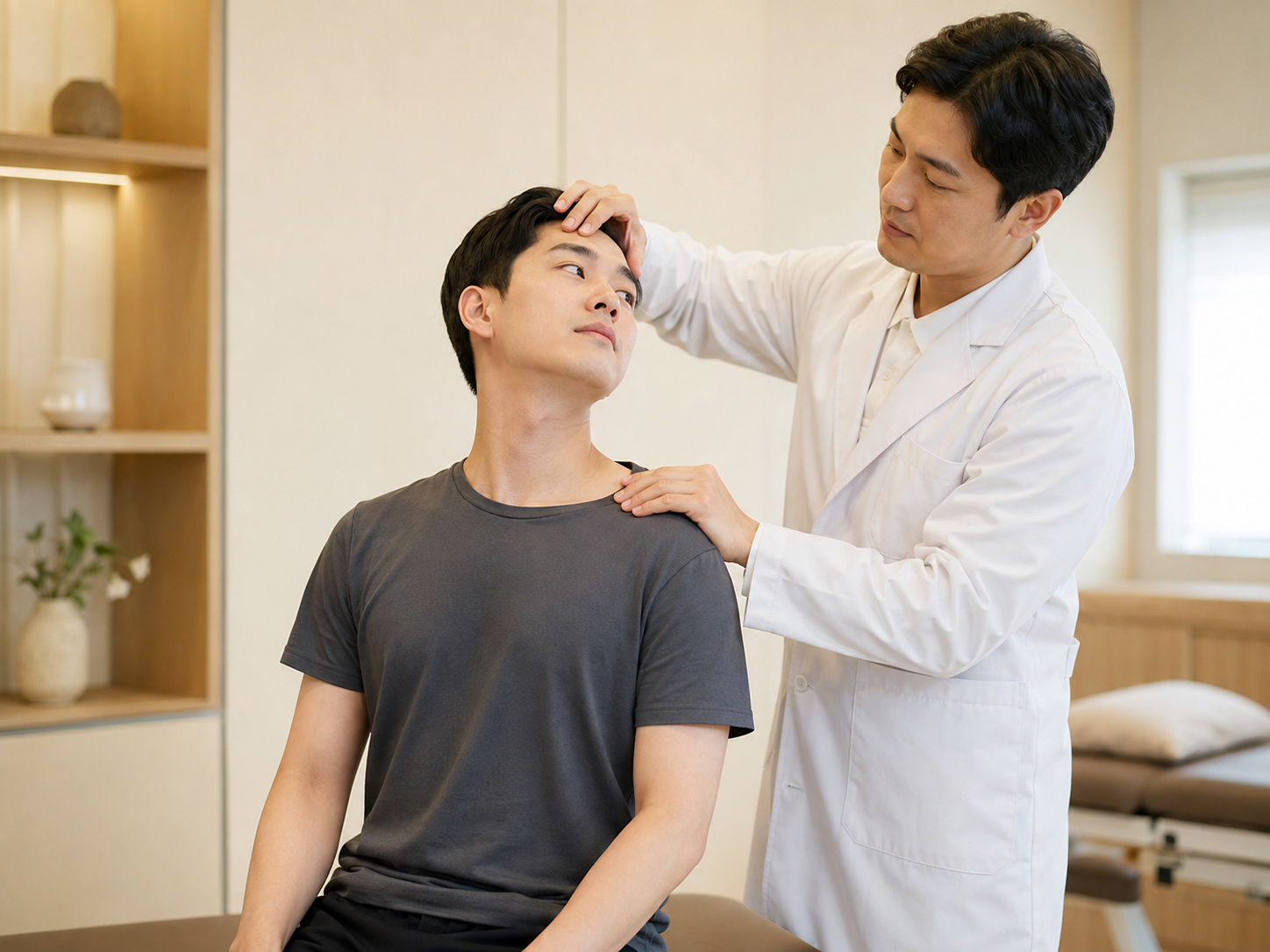 목의 가동범위를 검사하는 진료 장면