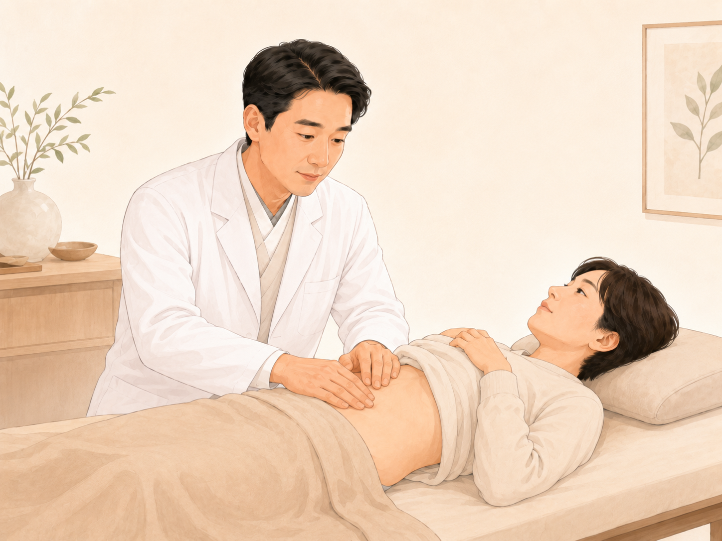 복진 — 복부를 촉진하는 진료 장면